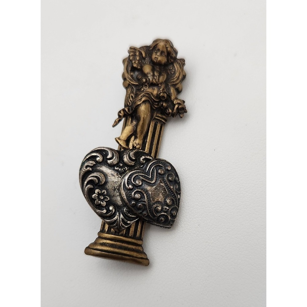Vintage Artisan Cherub Angel Greek Column Hearts Corinthian Art Deco Brooch Pin